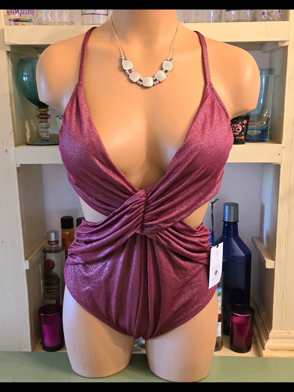 Shade And Shore 1 Pc Swimsuit M 8-10 Shimmer Burgundy Extra Cheeky High-leg NWT